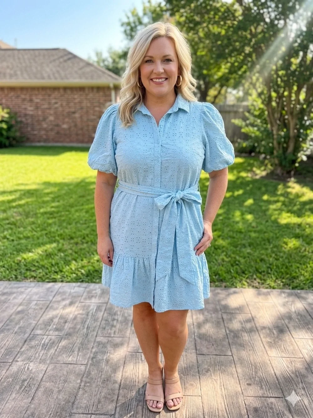 Light Blue Eyelet Shirt Mini Dress with Tie Waist - Picture 1 of 12
